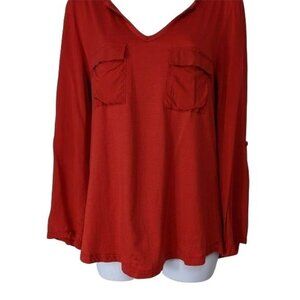 Ann Taylor Women's Red Top long sleeve V-neck tab sleeve  w/pockets Size M